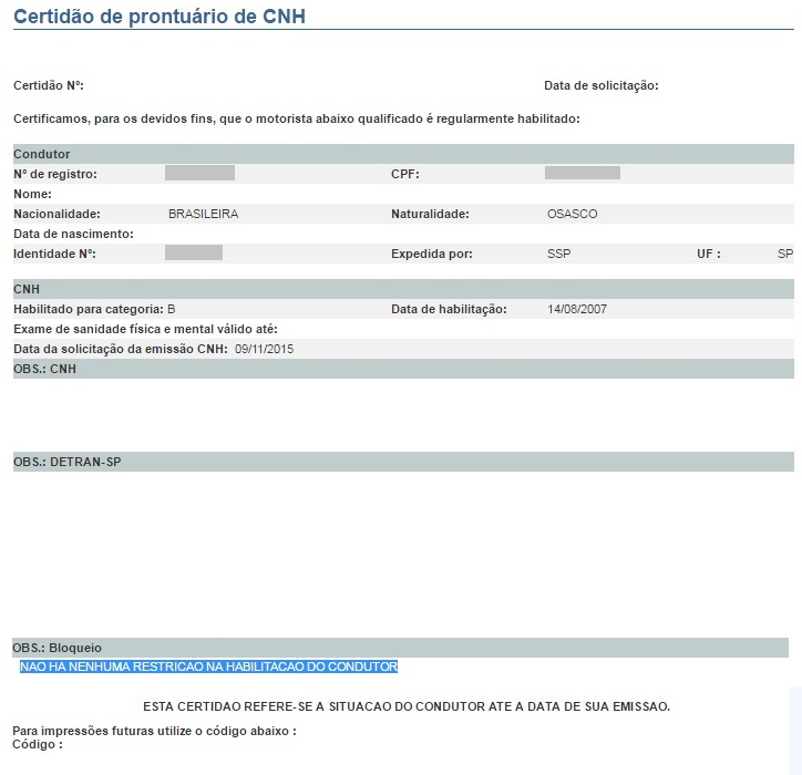 Certidão de prontuário de CNH